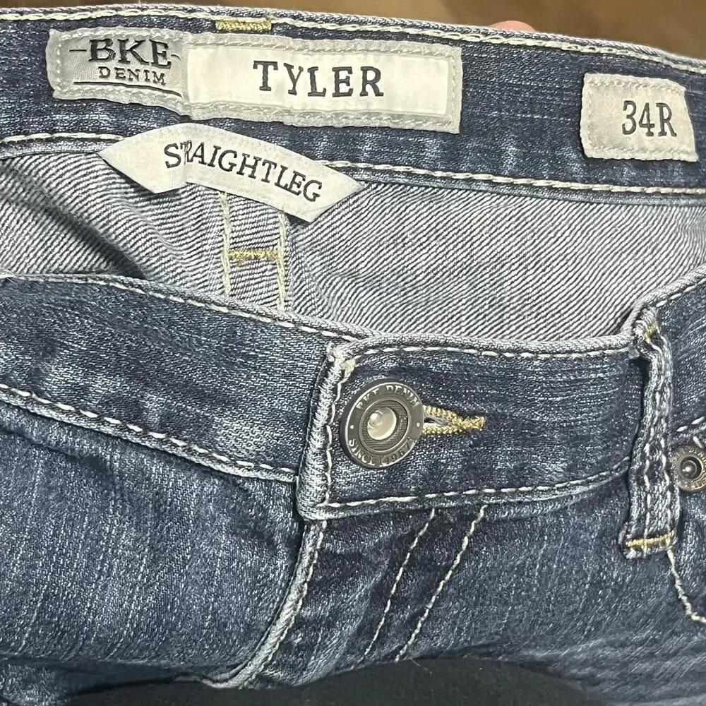 BKE Tyler Straight Leg Jeans 34x30 Y2K Performance Stretch Whisker Thick Stitch